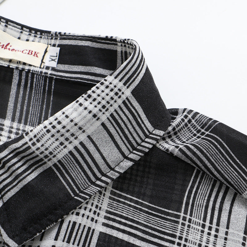 Camisa de gasa de manga larga a cuadros informal de moda de verano para mujer, talla grande