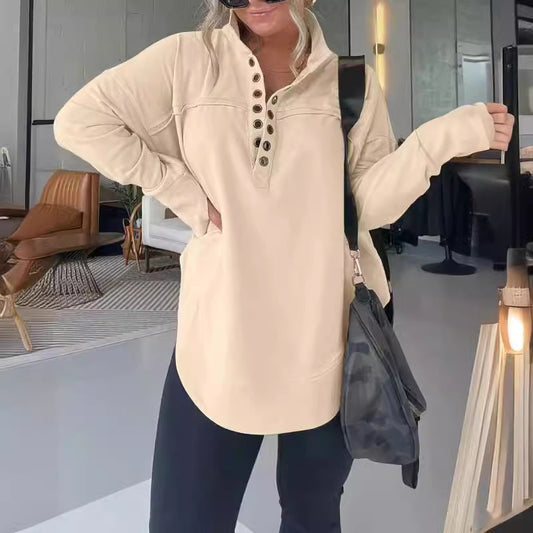 Women Fashion Casual Solid Color Thick Button Sweatshirt