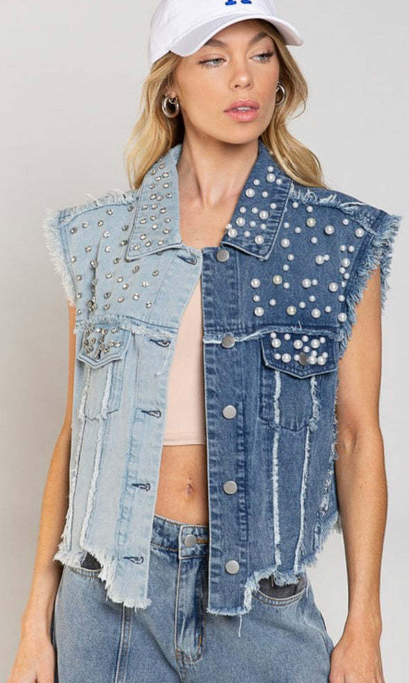Chaleco vaquero con perlas y costuras informales a la moda para mujer Y2K