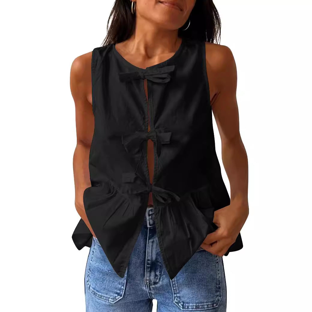 Women Casual Solid Color Cotton Bowknot Lace-Up Tank Top