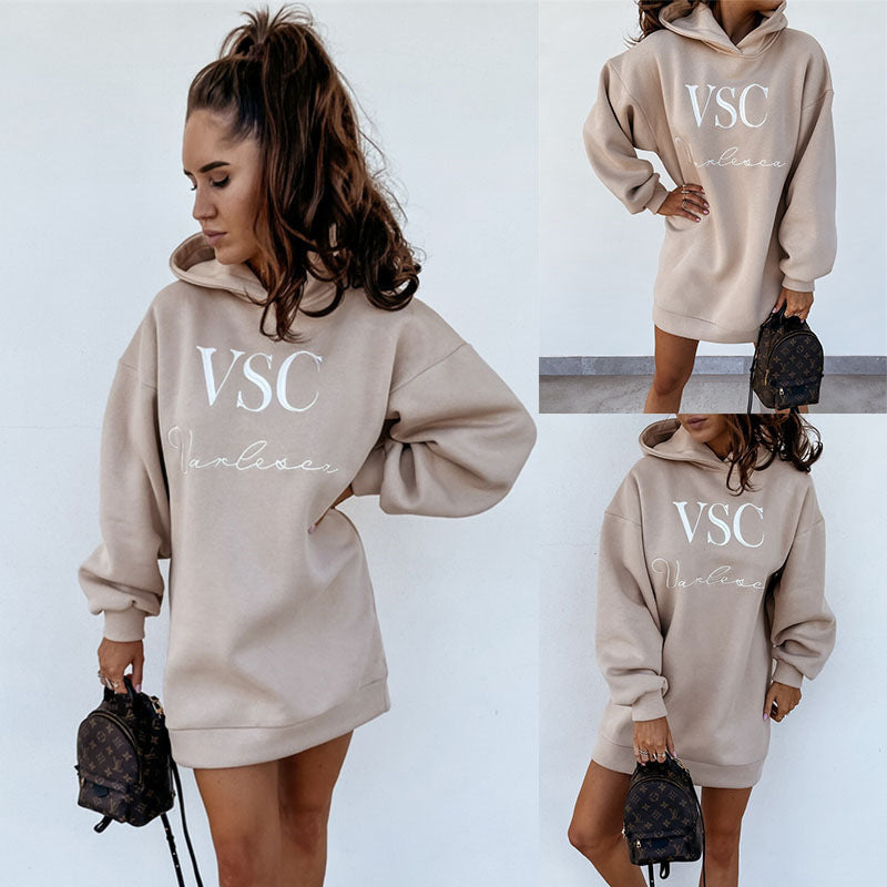 Women Autumn Winter Hooded Urban Casual Fashion Letter Printed Long Sleeves Dress