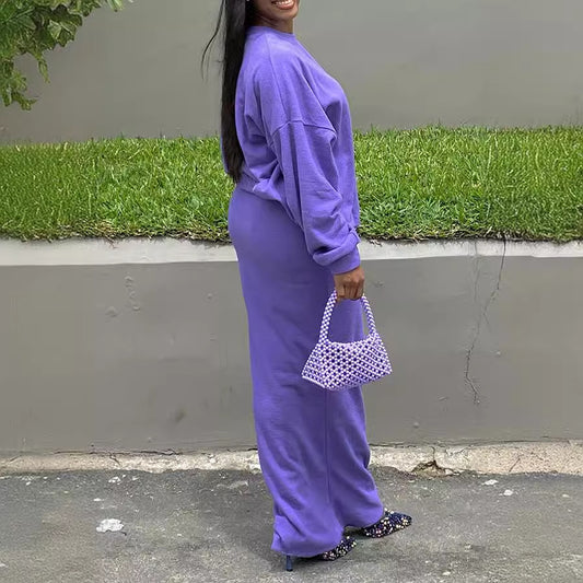 Conjunto de dos piezas formado por sudadera y falda, manga larga, cuello redondo, color liso, informal, para mujer, otoño e invierno