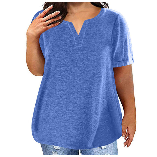 Women Casual Plus Size Solid Color V-Neck Short Sleeve Pocket T-Shirt