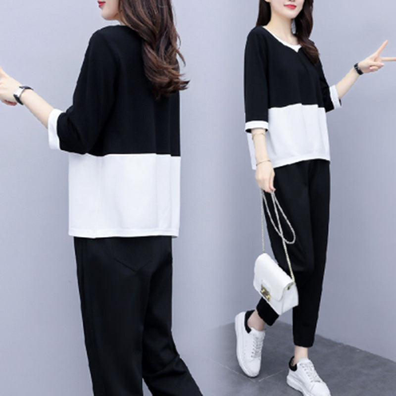 Conjunto informal de dos piezas con top y pantalón de bloques de color, holgado y de talla grande para mujer