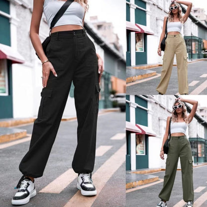 Pantalones cargo casuales de cintura alta y lisos para mujer