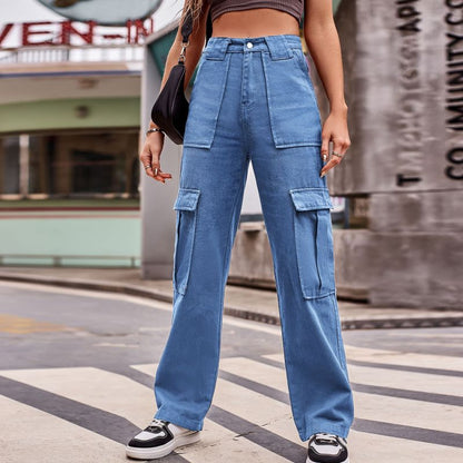 Fashion Women Street Style Multi Pocket Overalls Loose Casual Straight Jeans Cargo Pants