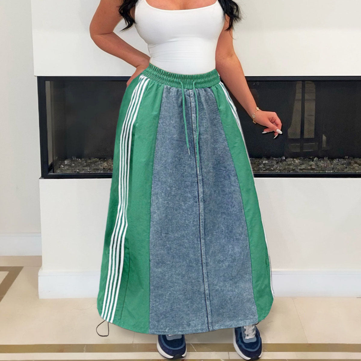 Women Fashion Casual Stripe A- Line Loose Denim Skirt