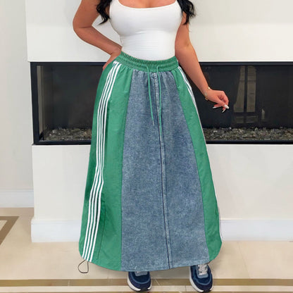 Women Fashion Casual Stripe A- Line Loose Denim Skirt