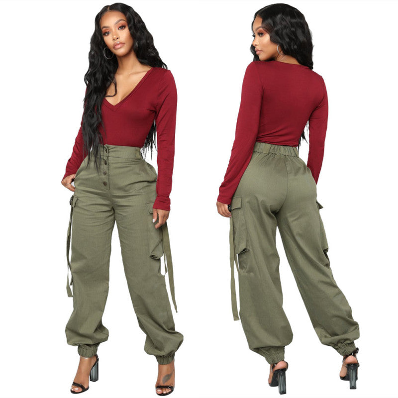 Pantalones deportivos casuales de cintura media con botones y múltiples bolsillos para mujer