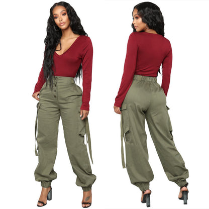 Pantalones deportivos casuales de cintura media con botones y múltiples bolsillos para mujer