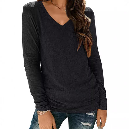 Camiseta informal de manga larga con cuello en V y color liso para mujer