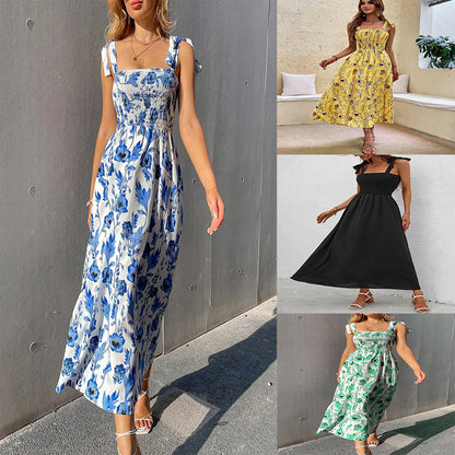 Vestido largo informal con cintura elástica definida y estampado floral para vacaciones de verano para mujer