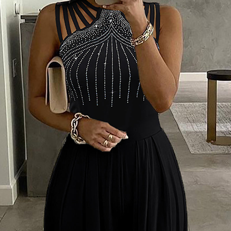Summer Women Sexy Elegant Cut Out Casual Sleeveless Rhinestone Wide Leg Jumpsuits