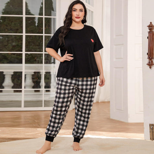 Conjunto de pijama informal de manga corta con estampado a cuadros para mujer, talla grande