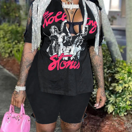 Plus Size Women Casual Short Sleeves Top And Shorts Fringed Print Two-Piece Set