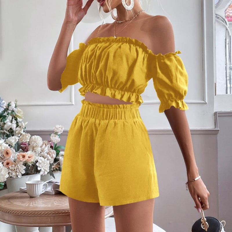 Casual Women Solid Color Off Shoulder Ruffle Short Sleeve Fashion Shorts Sets