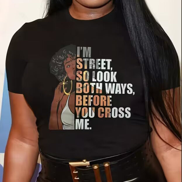 Camiseta informal de manga corta con estampado de dibujos animados de chica negra para mujer