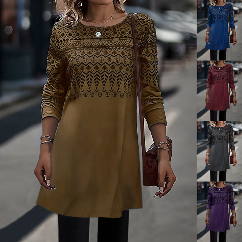 Women Fashion Casual Geometric Print Round Neck Long Sleeve Dress