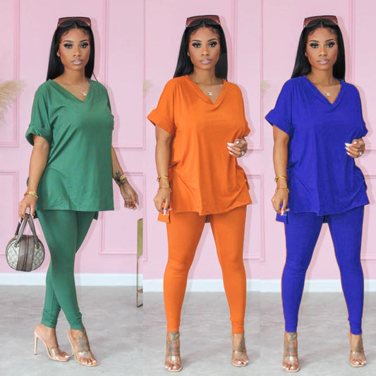 Conjunto de dos piezas para mujer, cuello en V, color liso, holgado, informal, de manga corta, top y pantalón