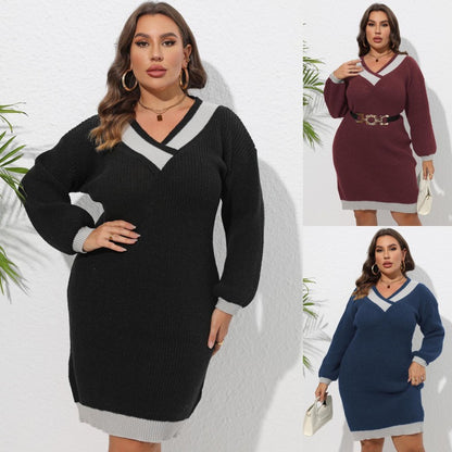 Vestido informal de punto con cuello en V y manga larga en contraste de color para mujer, talla grande, para invierno y otoño