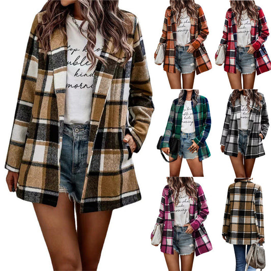 Chaqueta de punto de manga larga con bolsillo y estampado a cuadros holgado e informal de invierno para mujer
