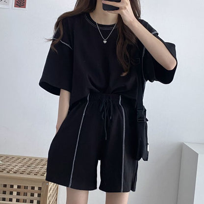 Women Fashion Casual Loose Round Neck Short Sleeve Top Drawstring Shorts Two-Piece Set