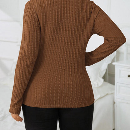 Women Fashion Casual Solid Color Waffle Knitted Long Sleeve Plus Size Top