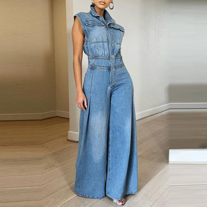 Women Fashion Casual Washed Sleeveless Denim Wide Leg Jumpsuits
