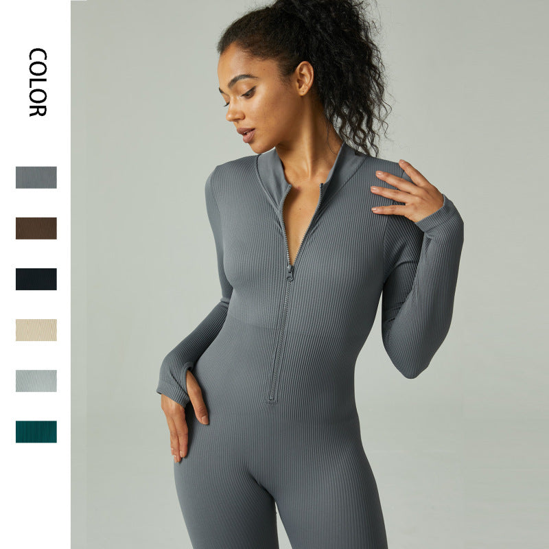 Women Fashion Casual Long Sleeve Zipper Tight Yoga Jumpsuits