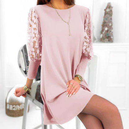 Vestido informal de manga larga con encaje calado de color liso para mujer
