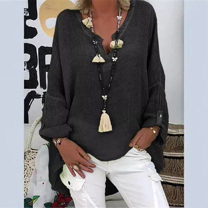 Blusa holgada informal de manga larga con cuello en V para mujer, talla grande