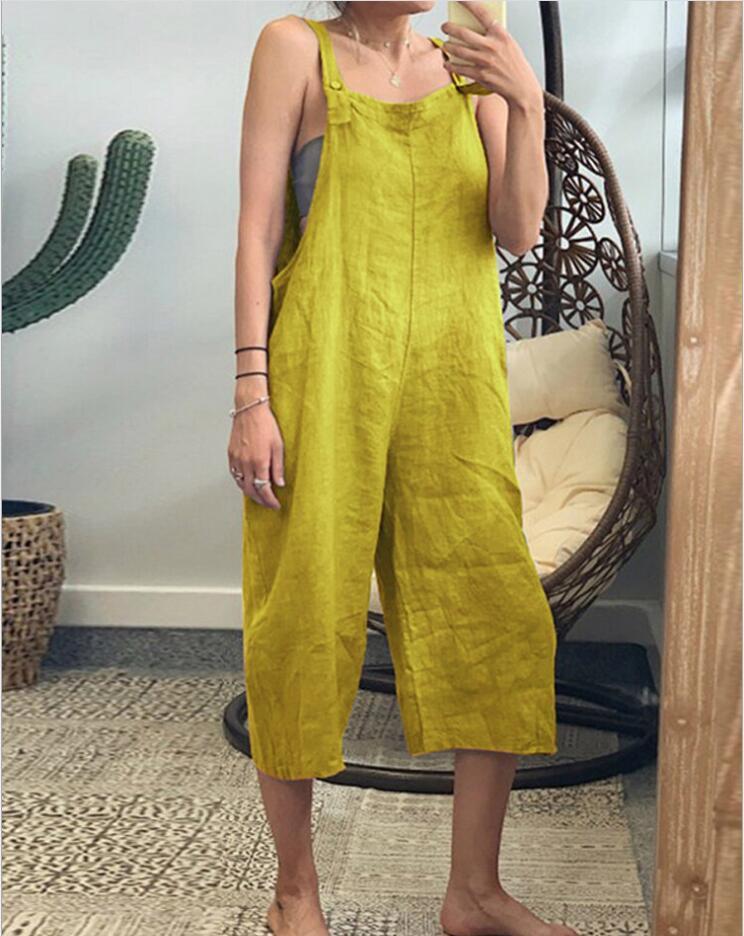 Women Summer Solid Color Cotton Overalls Loose Casual Jumpsuits