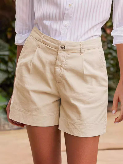 Women Fashion Casual Solid Color Cotton And Linen Shorts