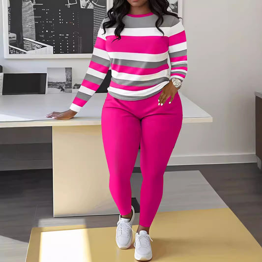 Conjunto informal de dos piezas con cuello redondo y bloques de color a la moda para mujer