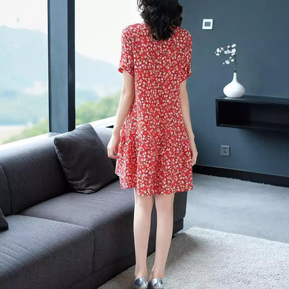 Women Fashion Casual Tiny Flower Printing Short Sleeve Plus Size Dress
