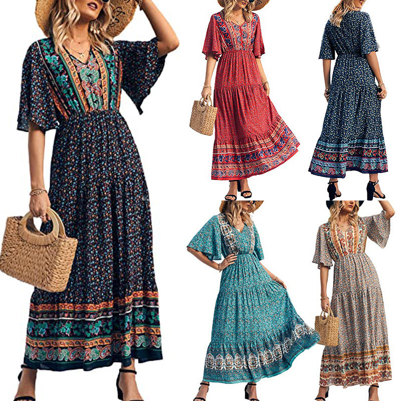 Women Bohemian Casual Floral Printing V-Neck Defined Waist Short Sleeve Dress
