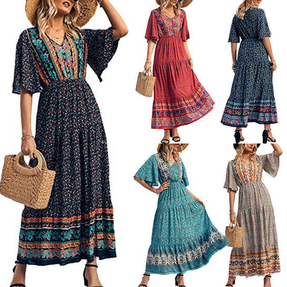 Women Bohemian Casual Floral Printing V-Neck Defined Waist Short Sleeve Dress