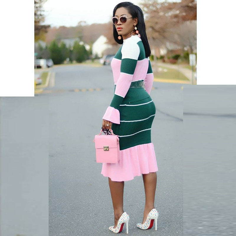 Conjunto de top y falda ajustada de gasa con cuello redondo y estampado de bloques de color informal a la moda para mujer