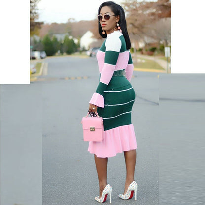 Conjunto de top y falda ajustada de gasa con cuello redondo y estampado de bloques de color informal a la moda para mujer