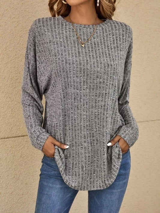 Camiseta holgada informal de talla grande para mujer, básica, de punto, de otoño, con cuello redondo, lisa, de manga larga