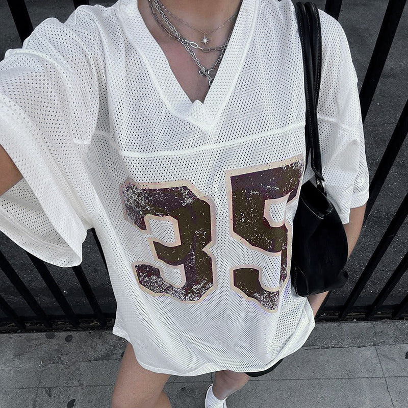 Camiseta de jersey de manga corta con cuello en V y estampado de letras y lentejuelas para mujer