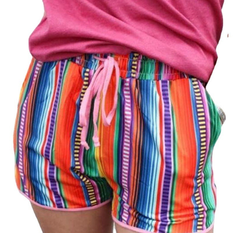 Pantalones cortos casuales de verano para mujer con cordón ajustable y contraste de colores arcoíris