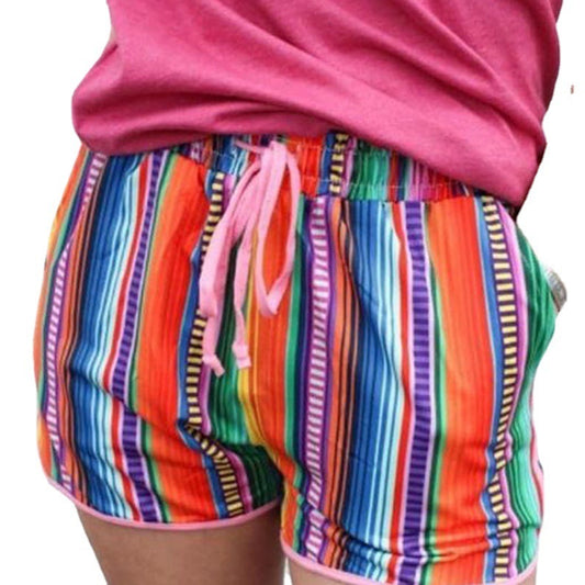Summer Women Casual Drawstring Contrast Rainbow Color Shorts