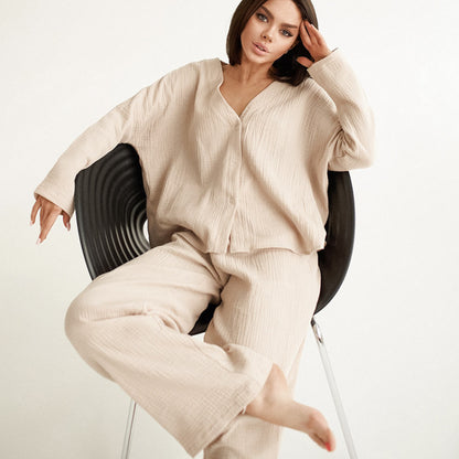 Conjunto de pijama de dos piezas para mujer, informal, holgado, de algodón, color liso, blusa y pantalones para el hogar