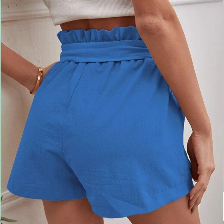 Women Casual Linen Solid Color Loose Pocket High Waist Shorts