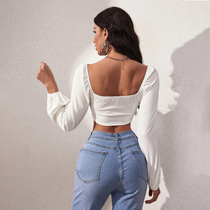 Women Fashion Sexy Casual Pleated Long-Sleeved Crop Top