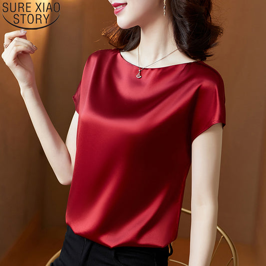 Blusa holgada informal de satén de color liso de manga corta para oficina de verano para mujer