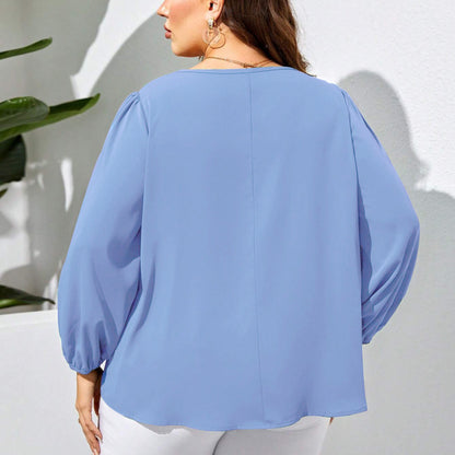 Women Fashion Solid Color Plus Size V-Neck Loose Casual Top