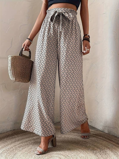 Women Casual Loose Leopard Drawstring High Waist Wide Leg Pants