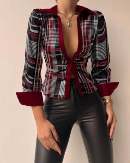 Camisa de manga larga con cuello en V y estampado informal a la moda para mujer